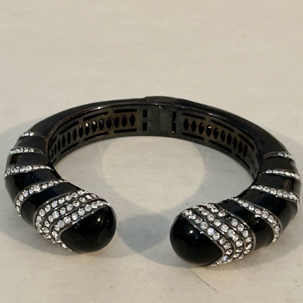 Black Enamel rhinestone hinged Bracelet sz 8" signed JB MISSING RHINESTONES LOOK